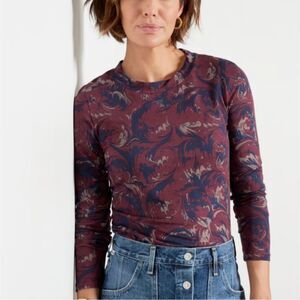Evereve Marbled Print Long Sleeve Crew Top Maroon Size Medium